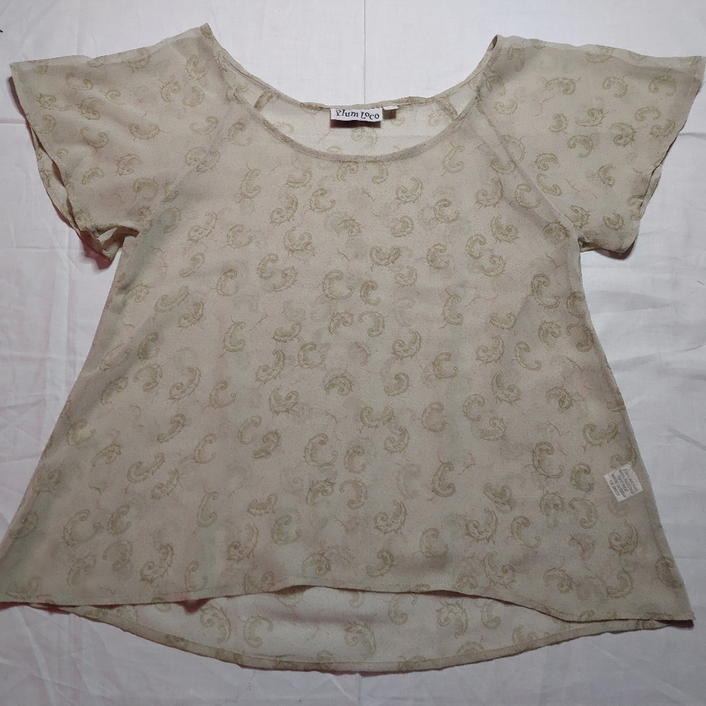 Plum Loco Blouse Women's Size 1 Beige Sheer Top Round Neck Short Sleeve Shirt